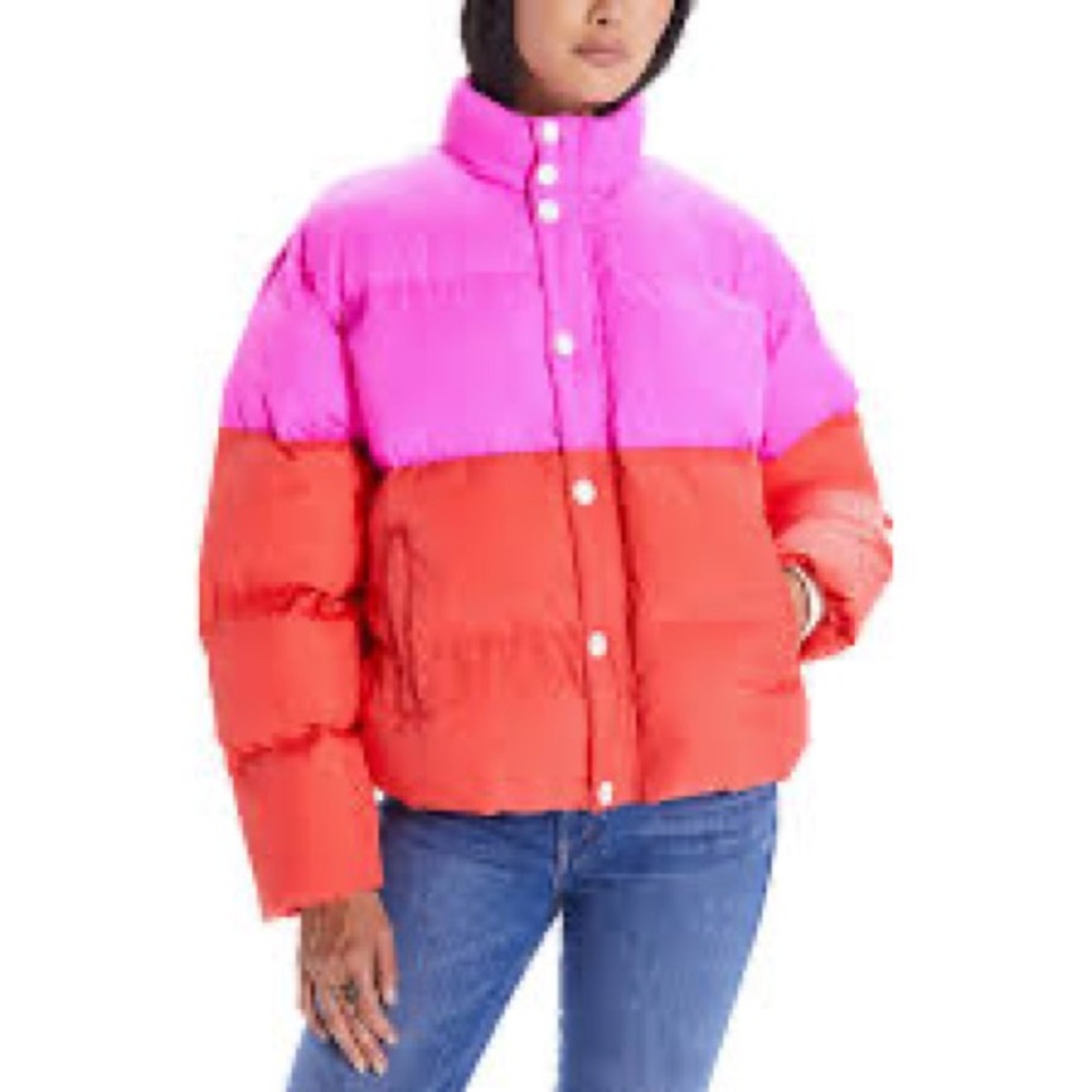 MOTHER The Drop Pillow Talk Puffer Jacket Pink Red colorblock size Medium NWOT